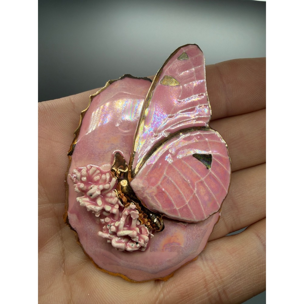 Vintage Pink Enamel Butterfly Brooch Iridescent Art Nouveau Style Statement#1094
